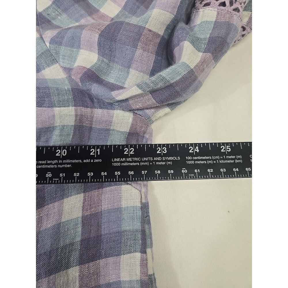 Chicos Size 2 Shirt Blue Plaid Linen Blouse V-Neck Loose‎ Bell Sleeve Womens L - Picture 6 of 7